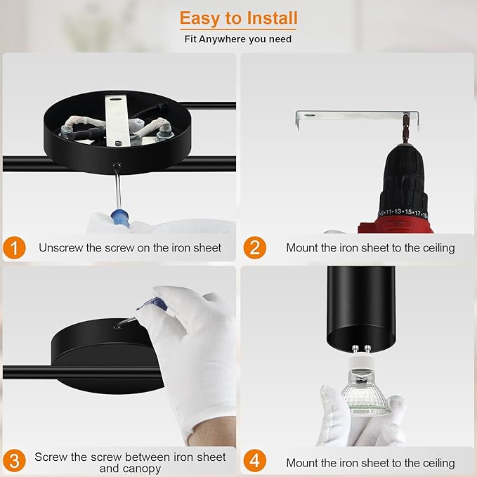 Plug in Track Lighting LED, Track Lighting Fixtures Ceiling, Black 6-Light Kitchen Light Kit, Plug in Wall Light with 14.8ft Power Cord, Rotatable Ceiling Spotlight for Bedroom(GU10 Socket, NO Bulb)