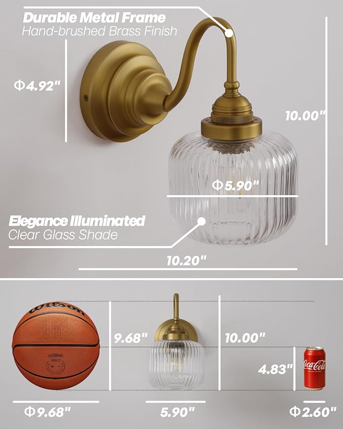 Vintage Industrial Wall Sconce Lighting with Clear Striped Glass Shade, Hardwired Wall Vanity Light Fixture for Bathroom Kitchen Living Room Bedroom Hallway