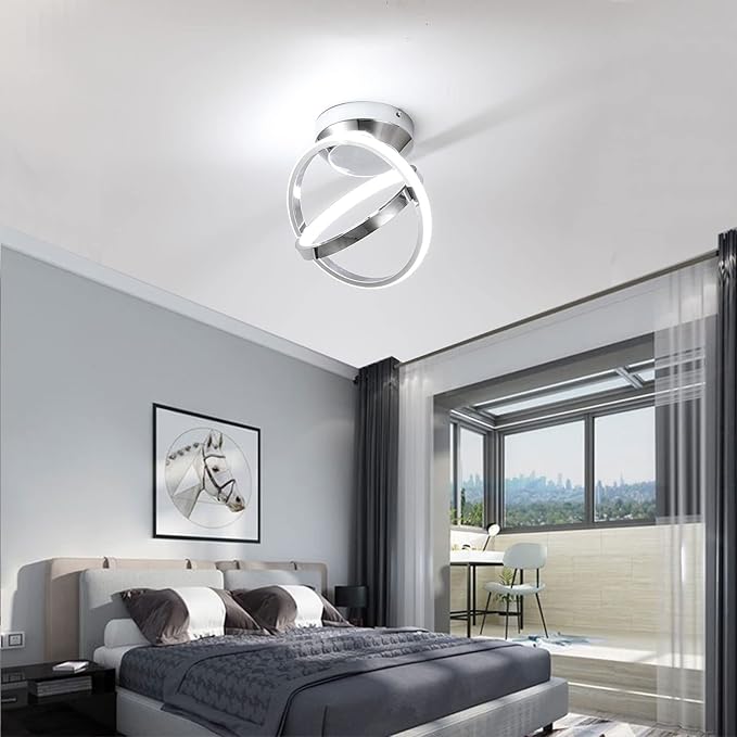 CANEOE Modern Led Ceiling Light Fixtures, 30W Creative Round Led Hallway Lamps with Chrome Finish, 6000K Close to Ceiling Lighting Fixture for Hallway Aisle Living Room Bedroom