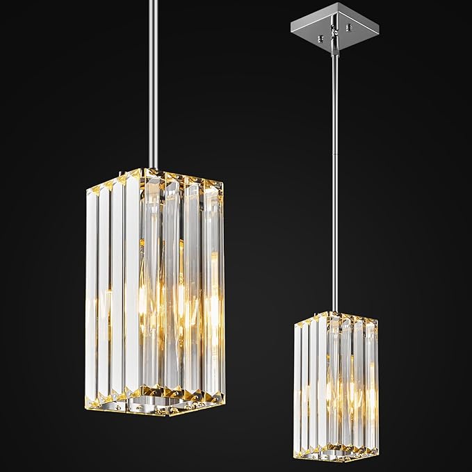 Modern Pendant Light Chrome Rectangle Pendant Lighting Mini Crystal Chandeliers Adjustable Pendant Light Fixture for Kitchen Island Dinning Room Living Room Corridor Bedroom(Chrome 1-Pack)