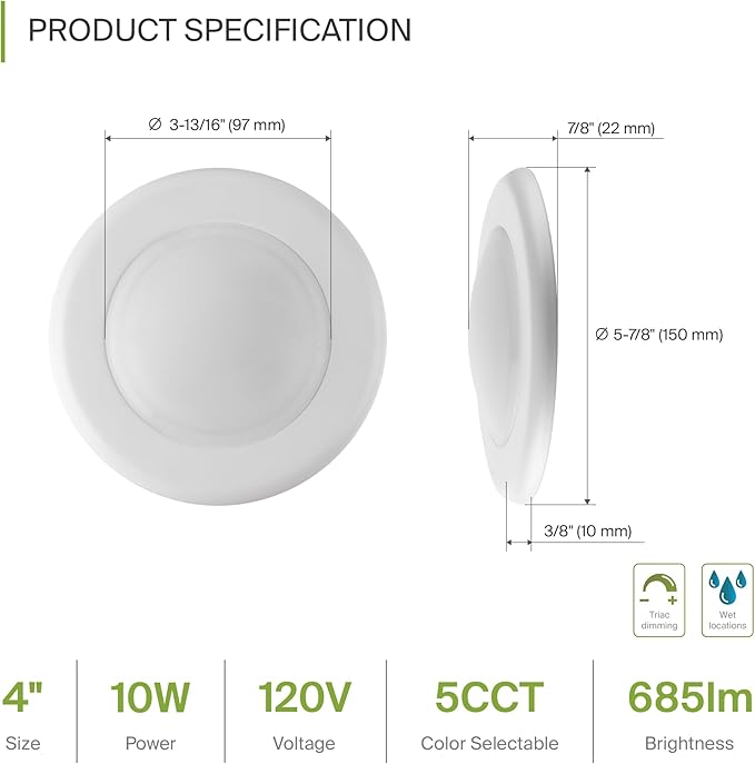 ASD 12 Pack LED Disk Lights 4 Inch, 10W 5CCT 2700K-5000K 685LM CRI90+, Dimmable Flush Mount Ceiling Light Fixture, Low Profile Surface Mount Disc, Junction Box or Recessed Can Install, UL Energy Star