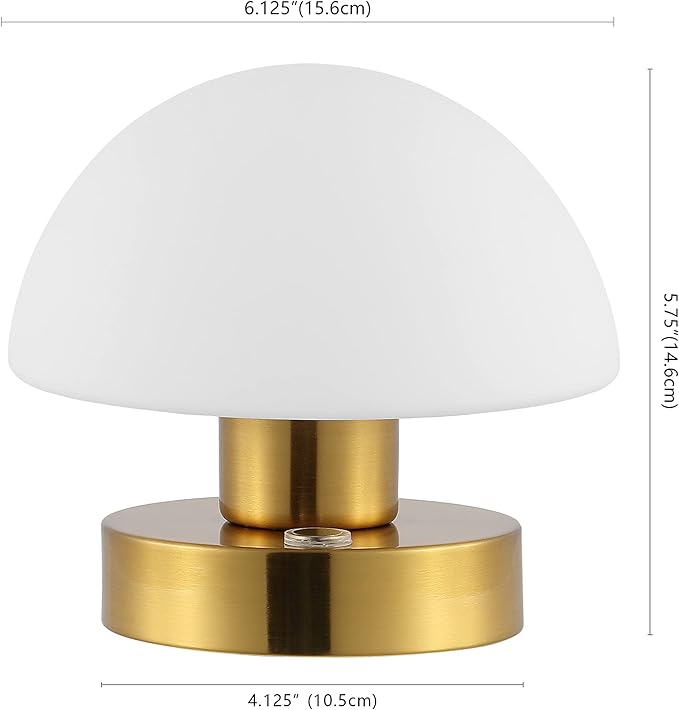 JONATHAN Y 5.75" Brass Gold/White Rechargeable Portable LED Table Lamp, Cordless Mushroom Accent Light for Bar, Nightstand, with Frosted White Glass Shade (JYL7113C)