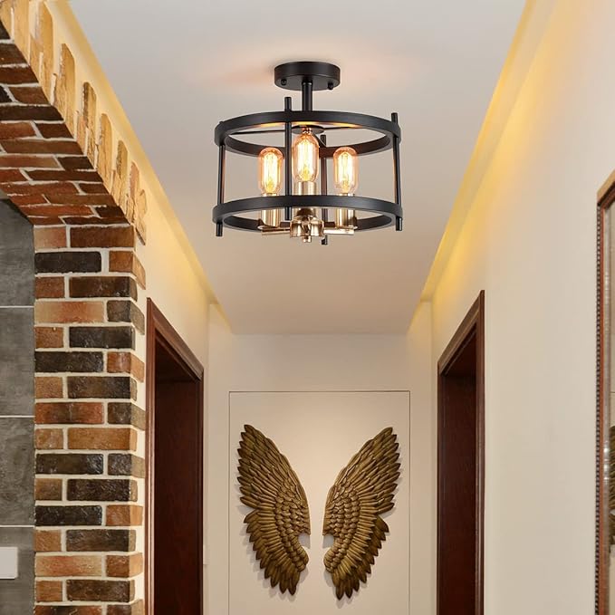 AGV LIGHTING Semi Flush Mount Ceiling Light Fixture, 3-Light Farmhouse Light Fixture Ceiling Mount, Black & Gold Finish