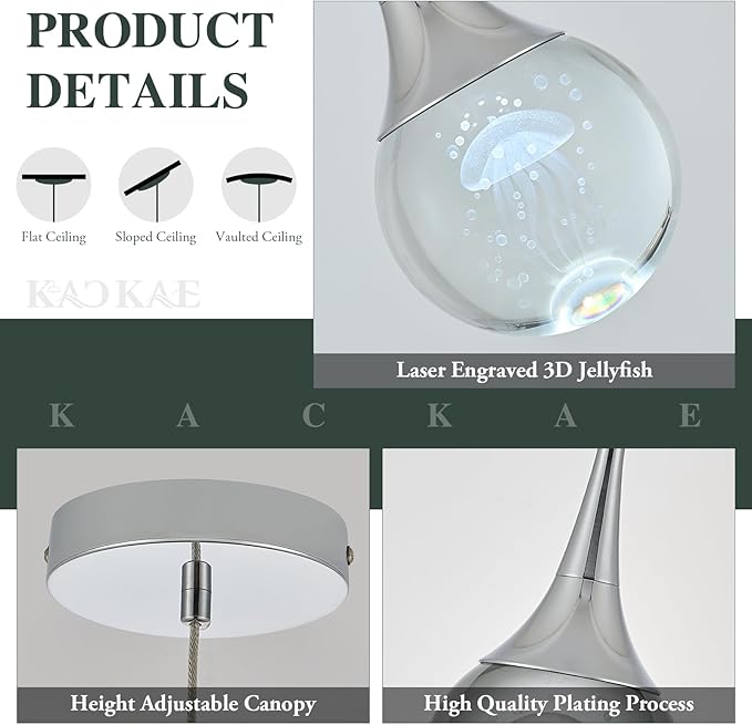 LED Pendant Light Kitchen Island Jellyfish Crystal Pendant Lights Dimmable Chrome Modern Hanging Light for Bedroom Bathroom Living Room 6000K Cool White, 1 Pack