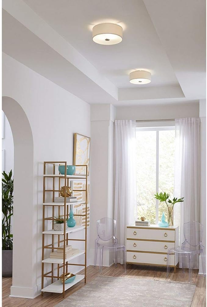 Progress Lighting Inspire Collection 2-Light Ceiling Light, Flush Mount Ceiling Light Fixture with Summer Linen Light Shade for Interior Kitchen Lights, Hallway, 13" by 5.5", Brushed Nickel