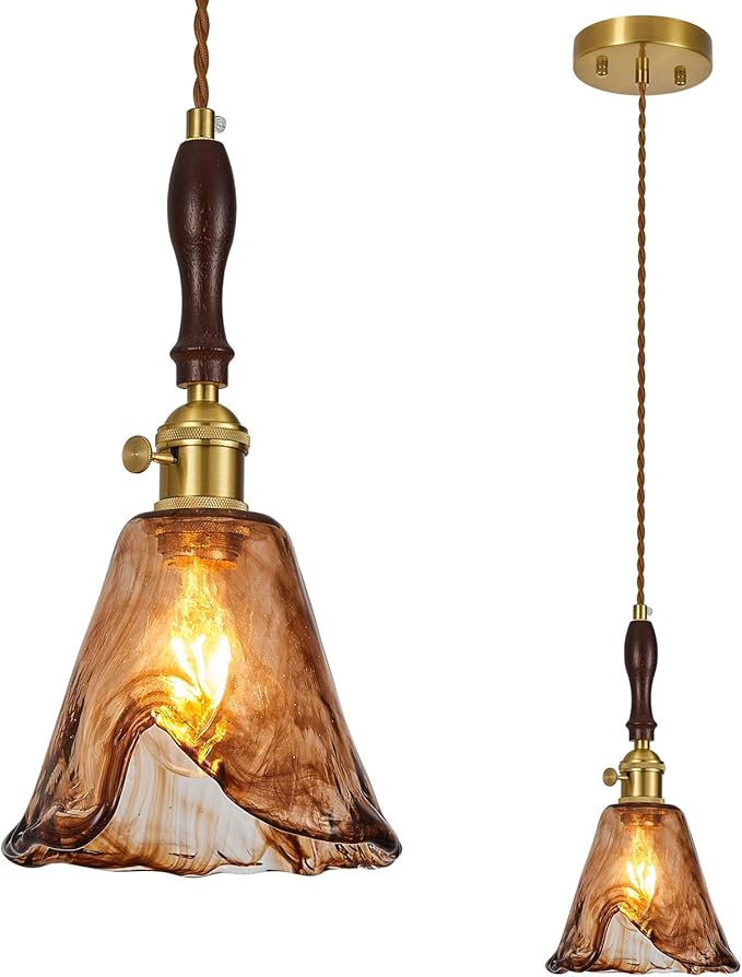 Brown Glass Vintage Pendant Light 6.18" Handmade Glass Pendant Lights Kitchen Island Gold Hanging Light Fixture for Bedroom Dining Room Hotel (1 Pack)
