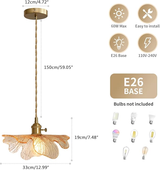 Mid Century Modern Pendant Light Glass Pendant Lights with Hand Blown Amber Glass Shade Brass Pendant Light Farmhouse Gold Adjustable Hanging Light for Kitchen Dining Room Bedroom
