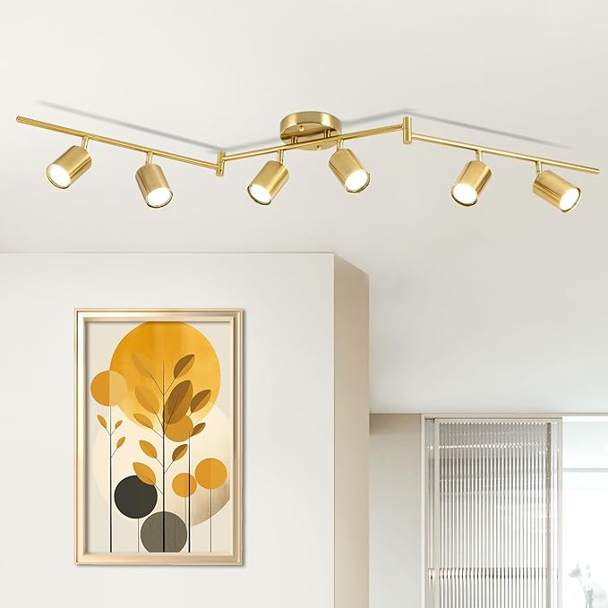 6 Ways Track Lighting, Rotatable Heads Tracks Light, Track Lightings Fixtures Ceiling with Foldable Arms, Brushed Gold Tracks Light for Kitchen, Living Room, Hallway(Bulbs Not Included)