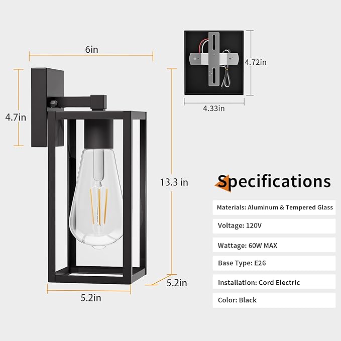 13'' Outdoor Lighting Fixtures Wall Mount, Exterior Front Porch Lights for Outside, Wall Lantern Lamps Waterproof, Black Sconce Coach Lights for House, Garage, Patio