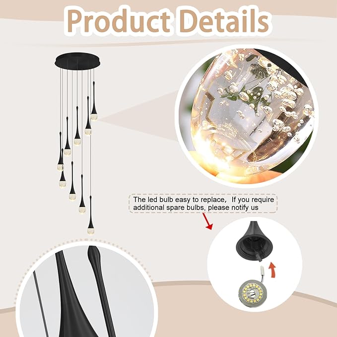 ykolupty 9-Lights Black Pendant Chandliers 100'' High Staircase Ceiling Chandeliers Crystal Bubble Raindrop Lighting Chandelier Ceiling Living Room Dimmable 2700-6000k LED Dining Lighting