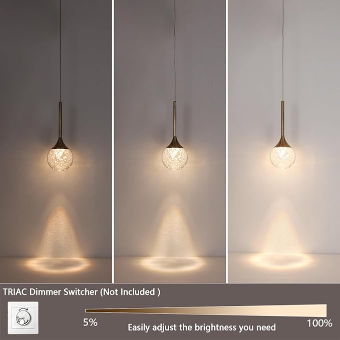 Brushed Brass Crystal Pendant Lights, Globe Bubble Crystal Ceiling Hanging Light Fixture, Dimmable LED Light Fixture for Kitchen Island Dining Room Bar Bedroom, 3000K