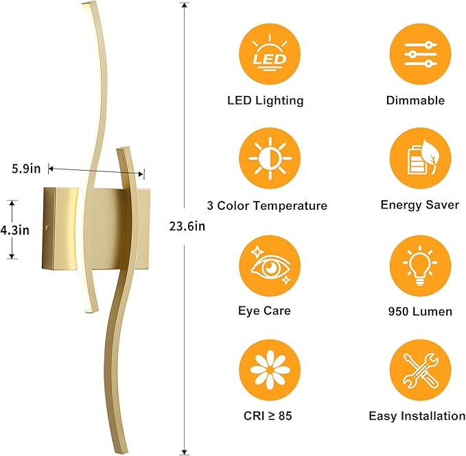 KARTOOSH 1 Pack Bathroom Vanity Lights Fixtures Over Mirror Hardwired Gold Light Fixture Wall Lights 3CCT Dimmable LED Bathroom Light Fixtures 23.6 Inch Modern Wall Sconce Picture Lights for Wall