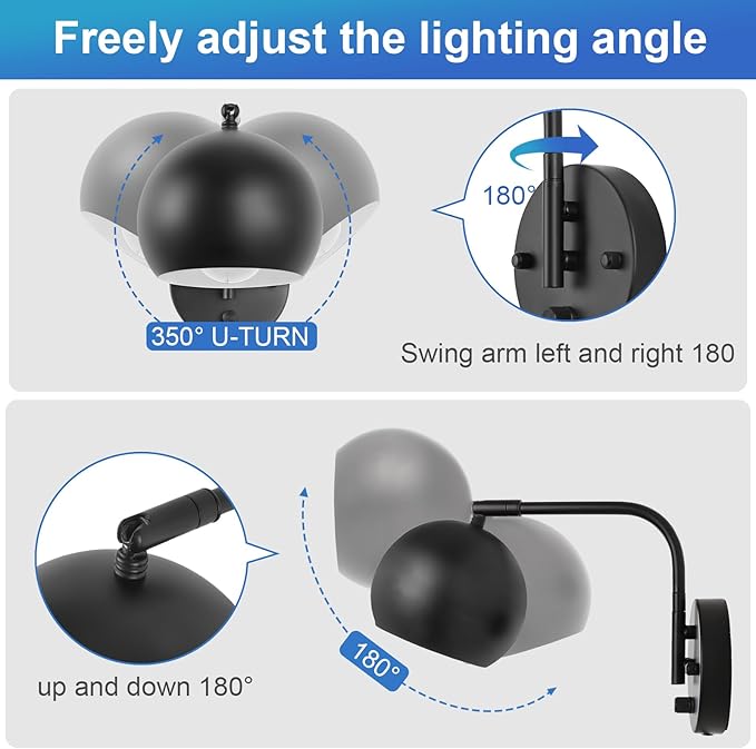 VATONI Wall Sconce with Remote Control, Dimmable Plug in Wall Sconces and Adjustable Color Temperature 2700K~6000K, Globe Swing Arm Wall Lights with Plug in Cord(2 Pack, 2 Bulbs)