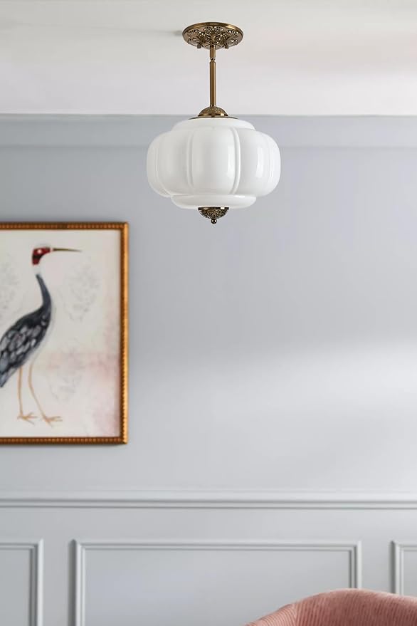 Milk Glass Ceiling Light Fixture, 12" Vintage Semi Flush Mount Pendant Light with Antique Brass Finish, Schoolhouse Light Fixture - Antique Chandelier for Kitchen, Hallway, Dining Room