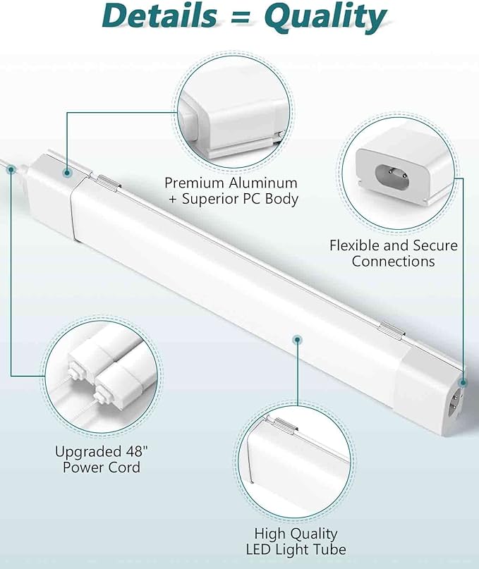 WNSNOU LED Shop Light With Plug, 4FT Waterproof Linkable Tube, 36W Cabinet Lighting 5000K Wired Electric Ceiling With ON/Off Switch, 4000LM Closet Light for Workshop, Room