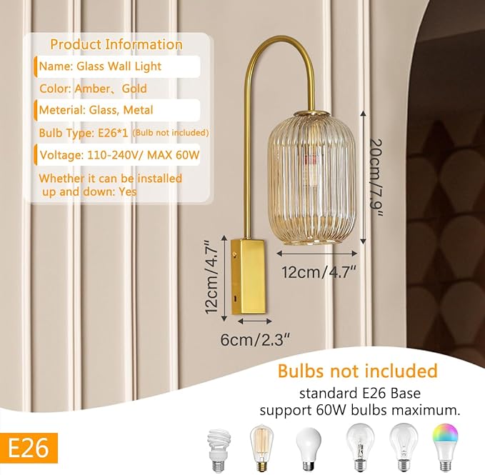 1-Light Bathroom Vanity Light fixtures Glass Globe Wall Sconce Lights Gold Wall Mount Light with Amber Glass Shade Mid Century Modern Wall Sconce for Over Mirror Bedroom Hallway