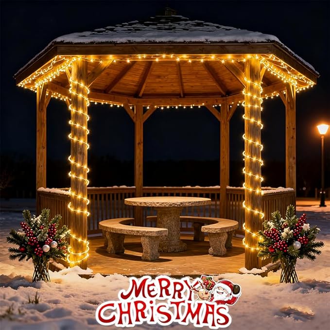 Honche Solar Rope Light 33FT 100LED IP65 Waterproof Outdoor LED Copper Fairy String Tube Lights for Party Gazebo Garden Patio Stair Balcony Fence Tree Daily Christmas Decoration (Solar-Warm White)