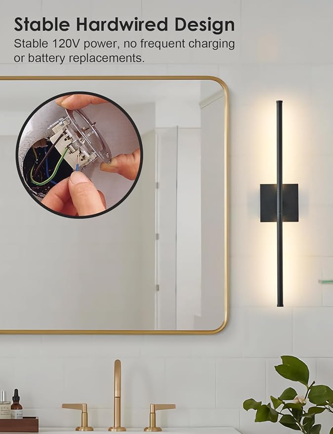 KARTOOSH 24.4 Inch Hardwired Wall Sconces Set of Two, 3000K Warm White Dimmable Modern Wall Sconces, 350° Rotate LED Light Fixtures Wall Lamp for Bathroom Living Room Bedroom Bedside, Black