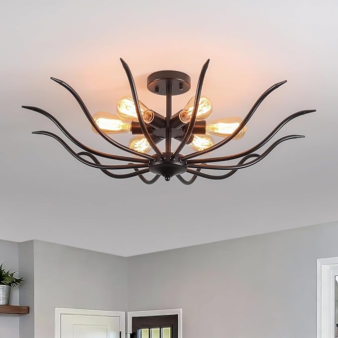 31.5" Semi Flush Mount Black Ceiling Light Fixture, 6-Light Modern Ceiling Living Room Light Fixture, Large Farmhouse Chandelier Dining Room Kitchen Bedroom Entryway Hallway Foyer Light Fixture
