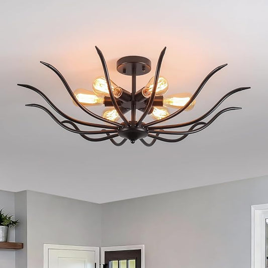 31.5" Semi Flush Mount Black Ceiling Light Fixture, 6-Light Modern Ceiling Living Room Light Fixture, Large Farmhouse Chandelier Dining Room Kitchen Bedroom Entryway Hallway Foyer Light Fixture