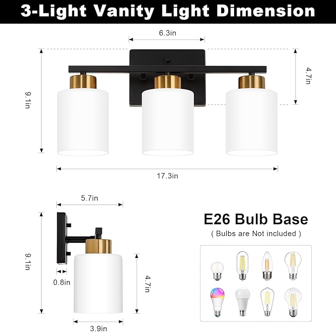 FonmYim Black and Gold Bathroom Light Fixtures, 3-Light Modern Vanity Light Over Mirror, Wall Sconces with Milky White Frosted Glass Shades, E26 Socket (Bulbs Not Included)