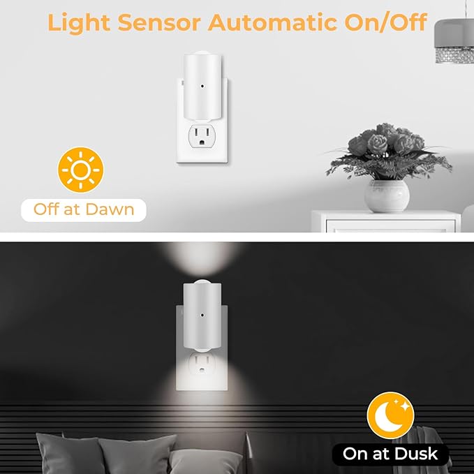 4 Pack Small LED Night Light, Dimmable Plug-in with Dusk to Dawn Auto On/Off, 5000K Daylight Adjustable Brightness (0-200LM), 180° Rotating, for Kitchen Bathroom Hallway Bedroom