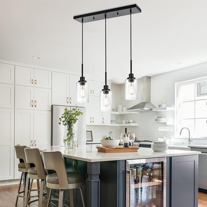 TODOLUZ Pendant Light Fixtures, 3-Lights Adjustable Modern Hanging Light with Seeded Glass, Kitchen Island Lighting for Over Table Dining Room