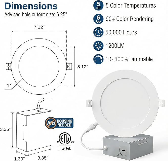 LEDYOND 6-Pack 6 Inch Canless LED Recessed Lighting with Iron Junction Box, 1200LM Slim Wafer Light, 5CCT 2700K-5000K Selectable, CRI 90+, Dimmable Metal Trim Retrofit Ceiling Light, Energy Star &ETL
