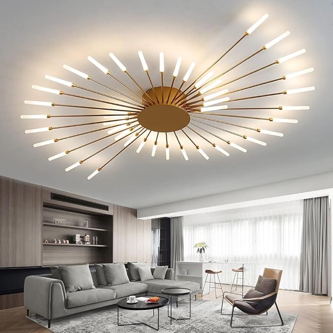 JAYMP 50.4" Ceiling Light Modern Flower Shape Ceiling Lamp for Living Room Dining Room Flush Mount Metal Acrylic Sputnik Firework Petal LED Lighting Fixture (Matte Gold, 42 Lights)