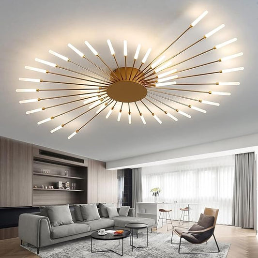 JAYMP 50.4" Ceiling Light Modern Flower Shape Ceiling Lamp for Living Room Dining Room Flush Mount Metal Acrylic Sputnik Firework Petal LED Lighting Fixture (Matte Gold, 42 Lights)