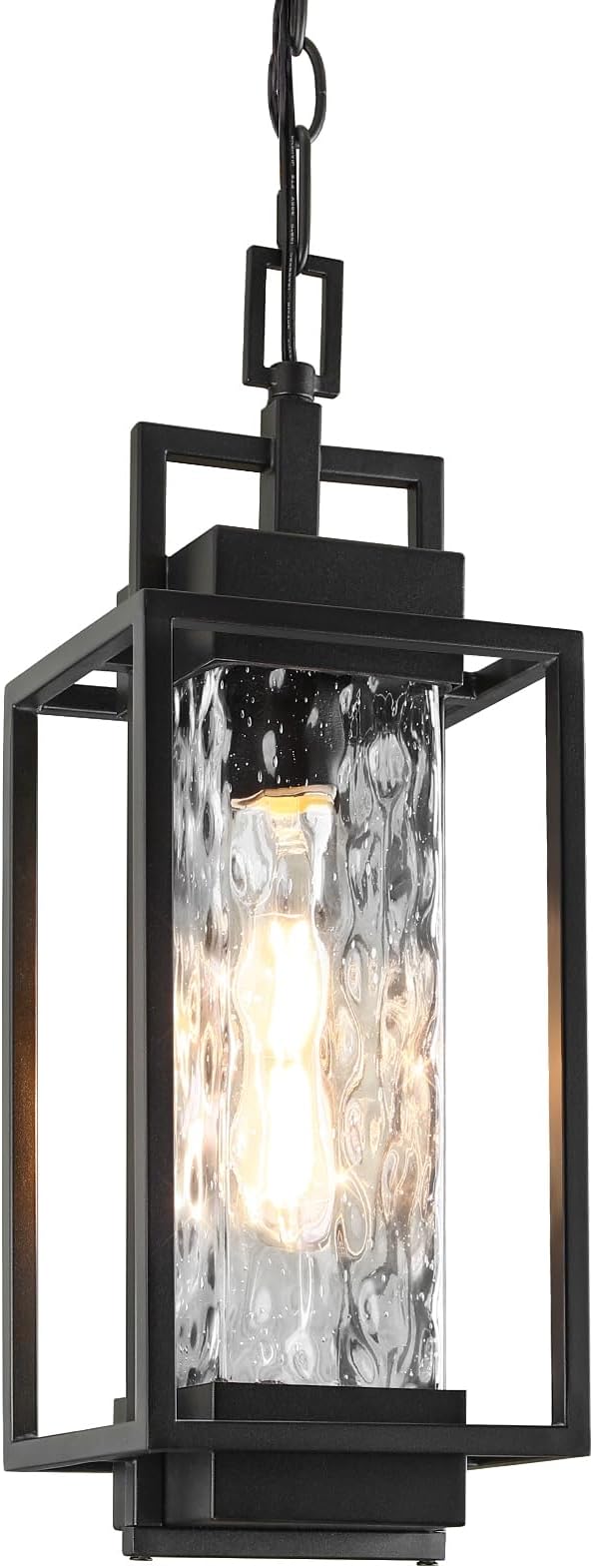 BesLowe 15” Outdoor Pendant Light with LED Bulb, Modern Hanging Lantern Light for Outside with Water Ripple Glass, Black Exterior Pendant Lighting Fixture, Outdoor Chandelier for Front Porch, Gazebo