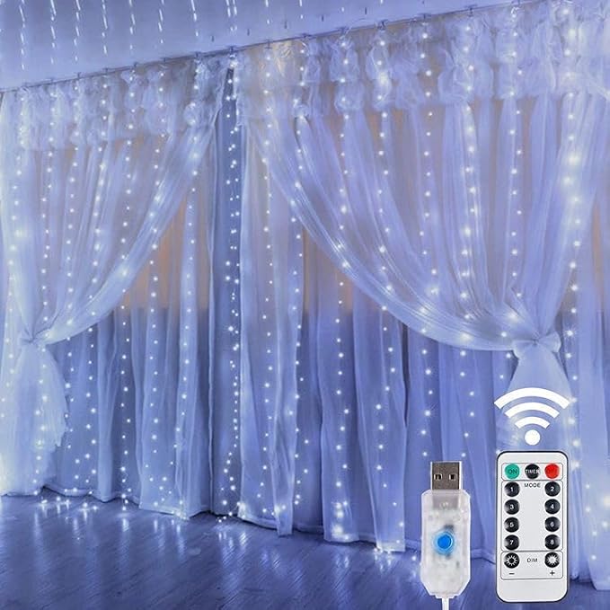 200 LED White Curtain Light for Party/Wedding/Festival/Christmas,Window Blinking String Light for Bedroom/Living Room,USB Plug with 8 Modes(Battery not Included)