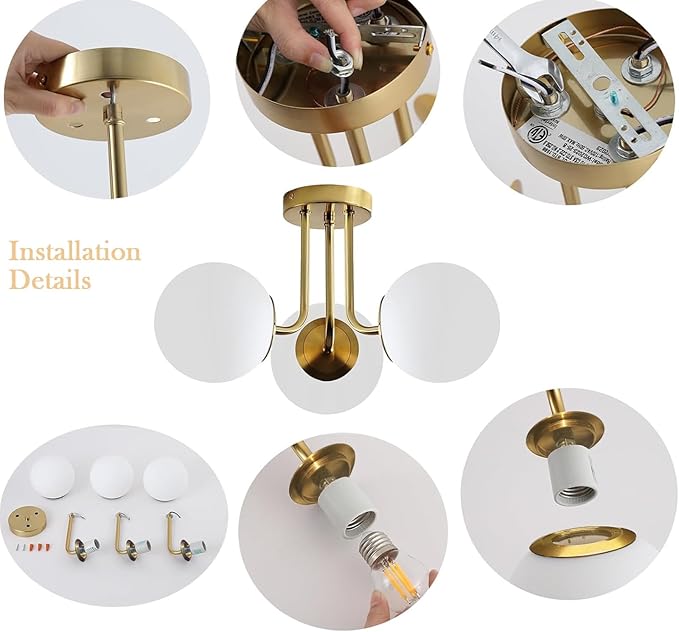 Mid Century Modern Brass 3-Light Gold Ceiling Light, Sputnik Ceiling Light Fixture with Globe White Glass, Semi Flush Mount Ceiling Light for Living Room Hallway Foyer, E26 Base