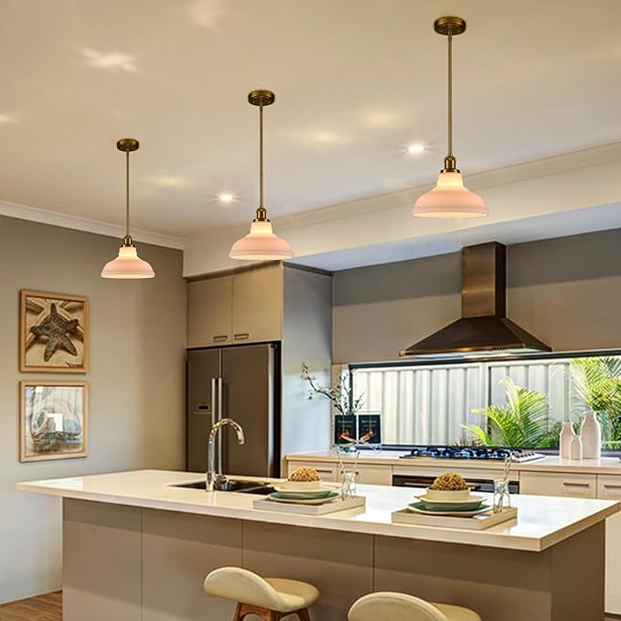 HOLKIRT Modern Pendant Light Fixtures Gold Pendant Lights Kitchen Island Hanging Lights for Bedroom Dining Room Bathroom with Dome Opal Glass,Adjustable Height
