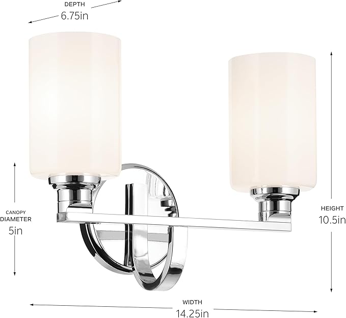 Kichler Gioe 2-Light Bathroom Vanity Light Fixture with Opal Glass, 14.25" Modern Chrome Wall Mount Over Mirror for Powder Room, Damp Rated (14.25" W x 10.5" H), 55225CH