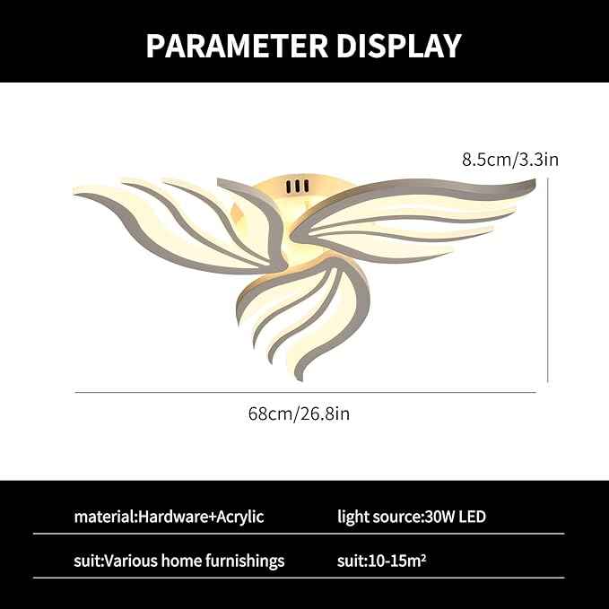 Becailyer LED Ceiling Light, 26.7" Dimmable Modern Flower Shape Ceiling Lamp, 30W Acrylic 3-Petals Flush Mount Ceiling Light Fixtures for Bedroom Dining Room Kitchen, White