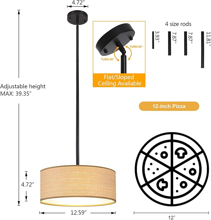 Rattan Sloped Ceiling Light Fixture, 13" Woven Boho Semi Flush Mount Lights with Drum Fabric Shade, Lighting for Bedroom, Dining Room, Living Room, Hallway, Entryway