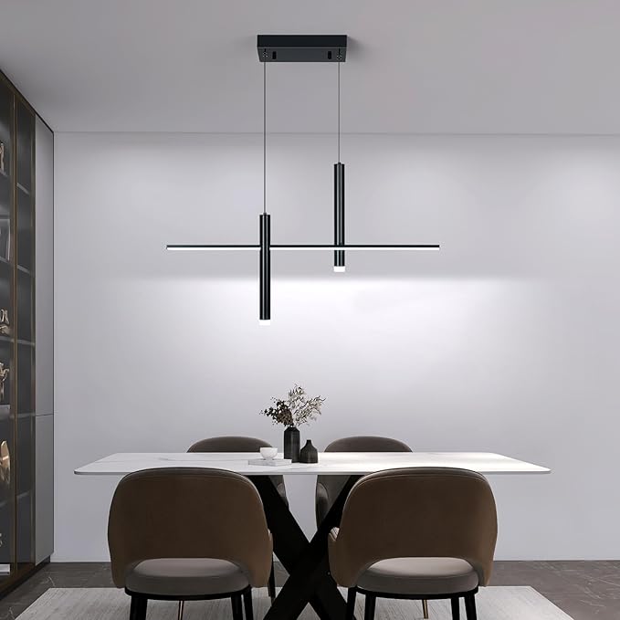 Modern LED Linear Pendant Light with Dual Spotlights Dimmable 6000K Pendant Lights Kitchen Island Plated Black Chandeliers for Dining Room Table Living Room Bedroom(L31.5in)