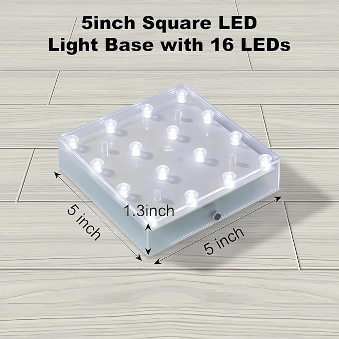 Simplelight 5 Inch Square LED Light Base - Perfect for Glass Art, Ideal Led Display for Vases, Centerpieces-AA Batteries Included (5inch Square Vase Base Light, White), Set of 4