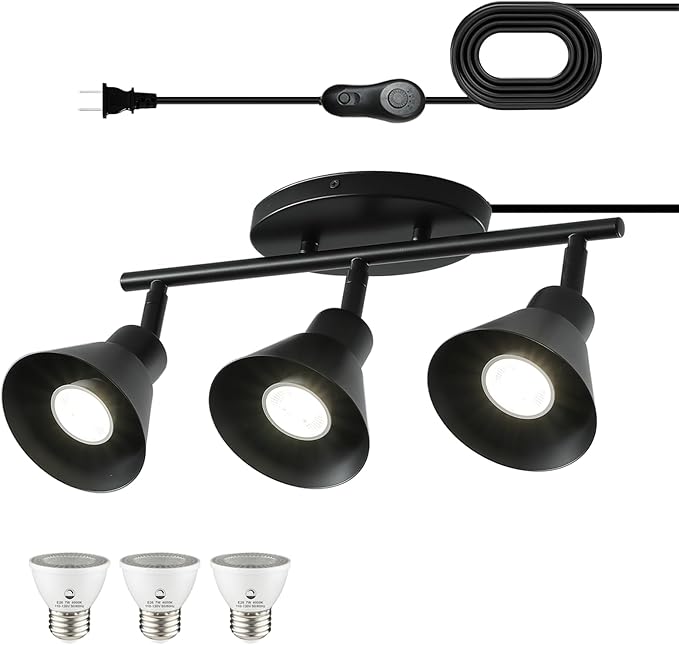 3 Light Plug in Track Lighting Kit,Modern Plug in Ceiling Light Fixture,16.4ft Cord,Timer & Dimming Switch,3 Way Ceiling Spot Lighting,Flexibly Rotatable Light Head (Black)