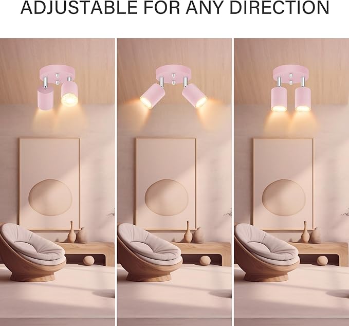 BoostArea LED 2 Light Track Lighting Kit, LED Track Lighting Fixtures, Pink Round Ceiling Spot Lighting, Flexibly Rotatable Light Head for Kitchen, Living Room, Bedroom, GU10 Bulb Not Included