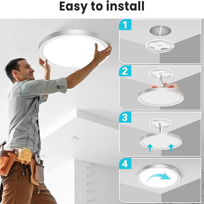 libtit 16 inch Flush Mount LED Ceiling Light Fixture, 3000K 4000K 6500K Adjustable, 36W 3200lm Brushed Nickel Satin Round Ceiling Lamp for Bathroom Shower Hallway Kitchen