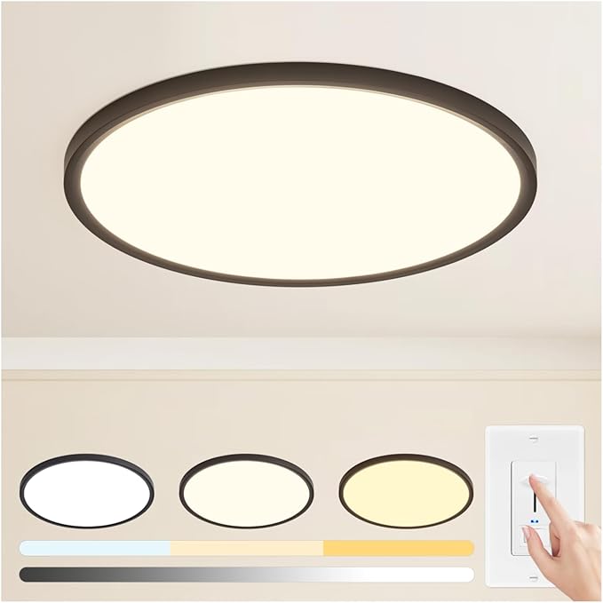 20 inch Led Ceiling Light, Ultra Thin Dimmable Flush Mount Ceiling Light, 3000K/4000K/6500K Selectable Round Ceiling Lamp for Bedroom Kitchen Living Room, Black
