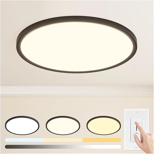 20 inch Led Ceiling Light, Ultra Thin Dimmable Flush Mount Ceiling Light, 3000K/4000K/6500K Selectable Round Ceiling Lamp for Bedroom Kitchen Living Room, Black