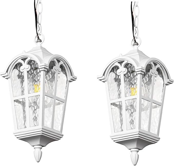Outdoor Pendant Light for Porch Patio Garden Yard, Anti-Rust Aluminium Exterior Hanging Light Fixtures, Outside White Vintage Hanging Ceiling Outdoor Pendant Lamp Height Adjustable, 2pack