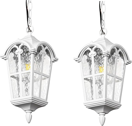 Outdoor Pendant Light for Porch Patio Garden Yard, Anti-Rust Aluminium Exterior Hanging Light Fixtures, Outside White Vintage Hanging Ceiling Outdoor Pendant Lamp Height Adjustable, 2pack