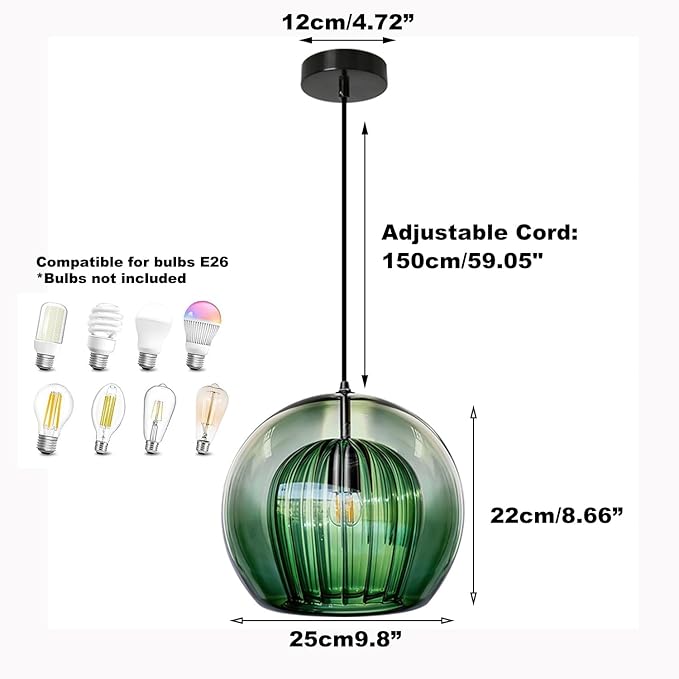 Single Glass Pendant Lights Green Striped Vintage Pendant Light Fixtures Blown Globe Shade Mid Century Modern Hanging Ceiling Lamp Black Adjustable Cord for Kitchen Island Dining Room Hallway