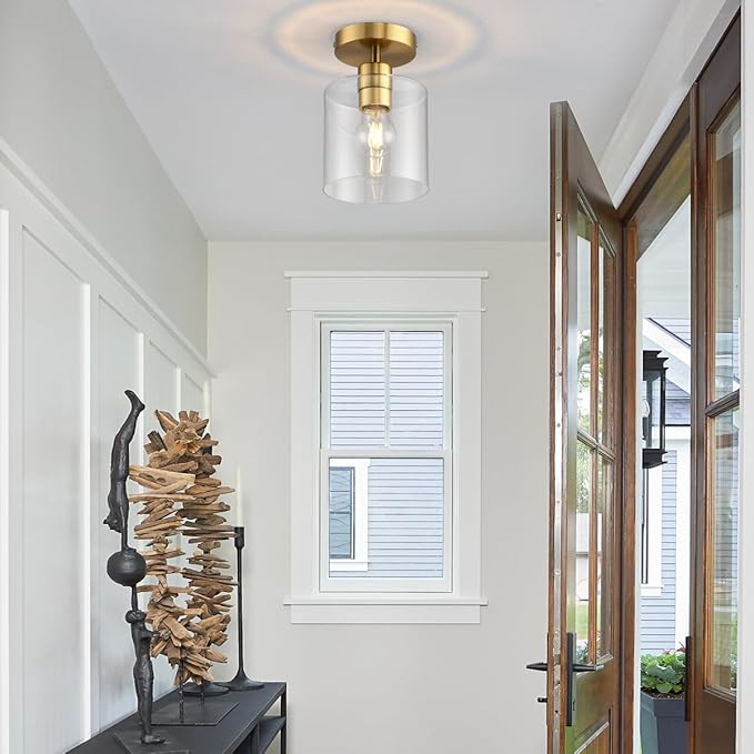 Modern Brass Semi Flush Mount Light Fixture for Entryway & Hallway, Gold Finish