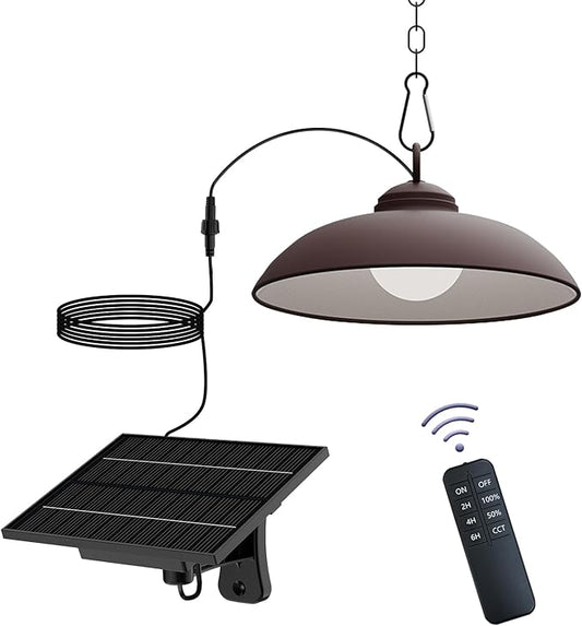Solar Pendant Lights, Outdoor Indoor 300 Lumen Solar LED Shed Light, with Remote Control: 3 CCT Options, 2 Brightness, Timing Settings, Single Pack, Rubbed Bronze Finish