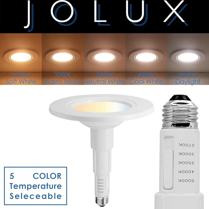 Jolux 5/6 Inch 5CCT Retrofit LED Recessed Lighting 12 Pack, Adjustable 5CCT 2700K-5000K, LED Replacement Can Lights,Dimmable,12=60W, E26 Base, Flat Trim,Easy Retrofit Downlight Installation.